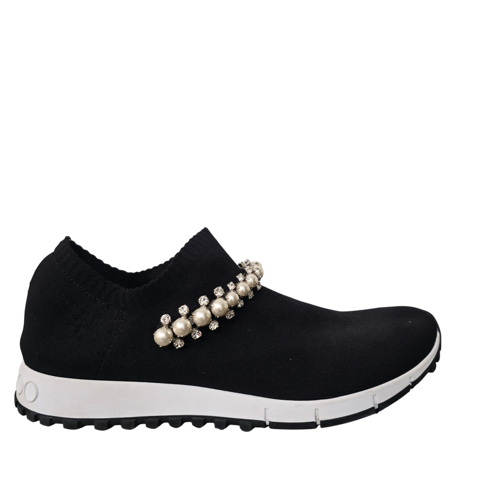 Jimmy Choo Verona Black Knit Crystal Pearl Slip On Sneakers 38 8B